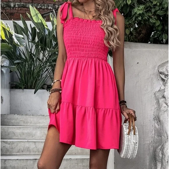 Elegant Smocked Waist Tie Shoulder Ruffle Cami Dress - Picture 6 of 6